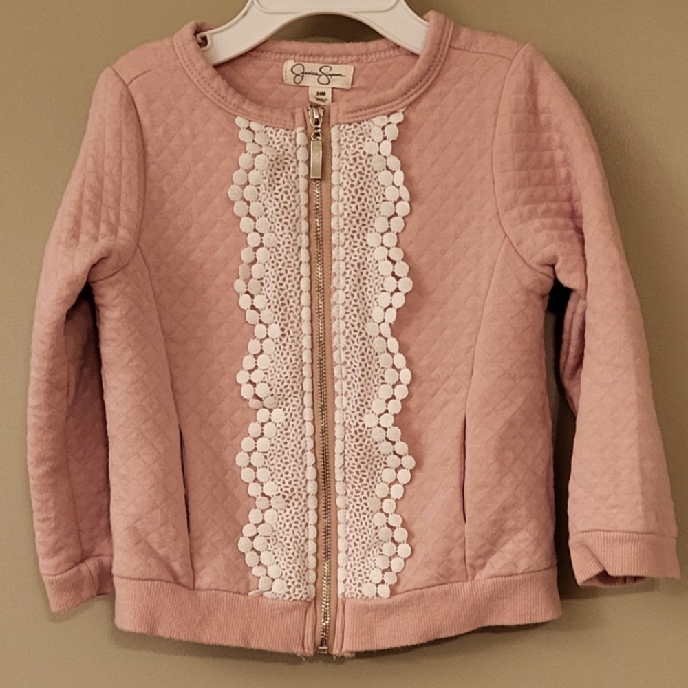 Jessica Simpson soft pink zip up sweater with lace detail